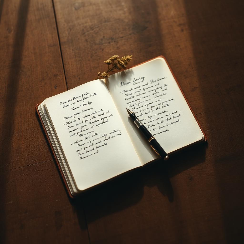 An open handwritten journal resting on a wooden table in warm afternoon light